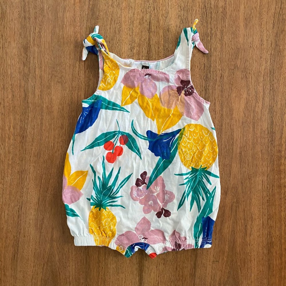 Like New Tea Collection tie shoulder baby romper, size 6-9 months, Fruity Floral